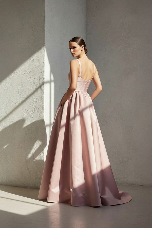 Spaghetti Straps Corset Satin Gown in Pink - SHE IS ME