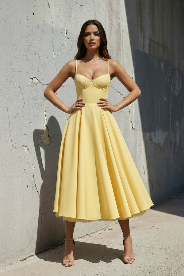 Spaghetti Straps Midi Dress With Lace - Trim in Yellow - SHE IS ME