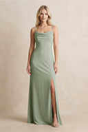 Spaghetti Straps Sheath Satin Bridesmaid Dress With Slit in Dove Gray - SHE IS ME Bridesmaid Dresses