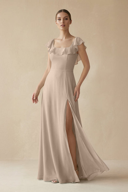Square Neck A - Line Bridesmaid Dress with Ruffles in Almond - SHE IS ME Bridesmaid Dresses