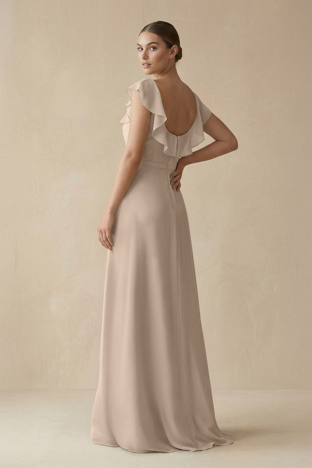 Square Neck A - Line Bridesmaid Dress with Ruffles in Almond - SHE IS ME Bridesmaid Dresses