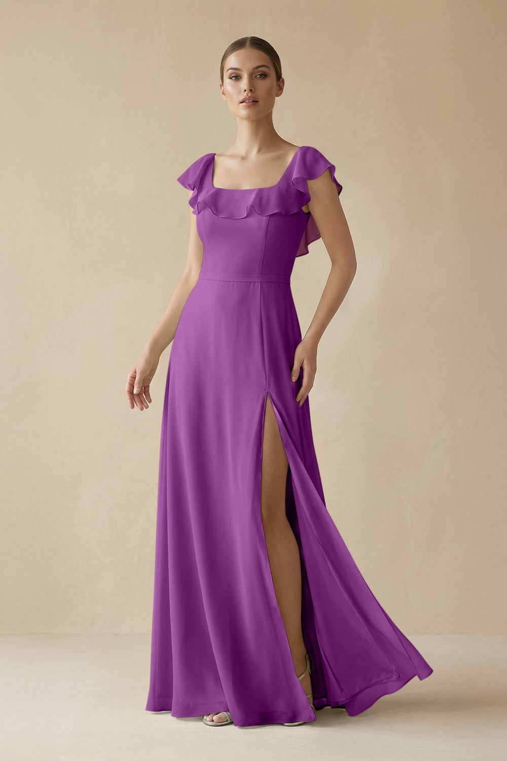 Square Neck A - Line Bridesmaid Dress with Ruffles in Amethyst - SHE IS ME Bridesmaid Dresses