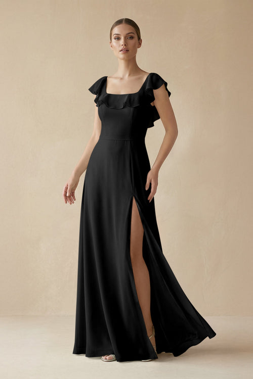 Square Neck A - Line Bridesmaid Dress with Ruffles in Black - SHE IS ME Bridesmaid Dresses