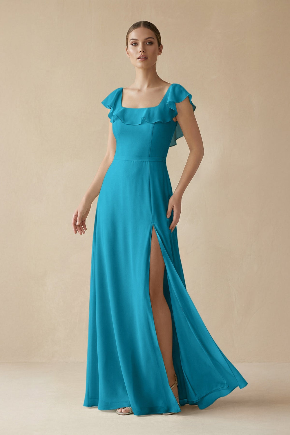 Square Neck A - Line Bridesmaid Dress with Ruffles in Blue Jay - SHE IS ME Bridesmaid Dresses