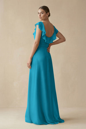 Square Neck A - Line Bridesmaid Dress with Ruffles in Blue Jay - SHE IS ME Bridesmaid Dresses
