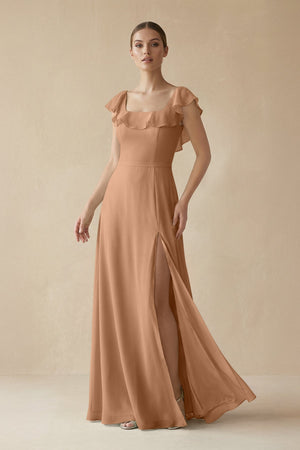 Square Neck A - Line Bridesmaid Dress with Ruffles in Bronzer - SHE IS ME Bridesmaid Dresses