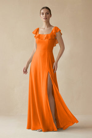 Square Neck A - Line Bridesmaid Dress with Ruffles in Cinnamon - SHE IS ME Bridesmaid Dresses