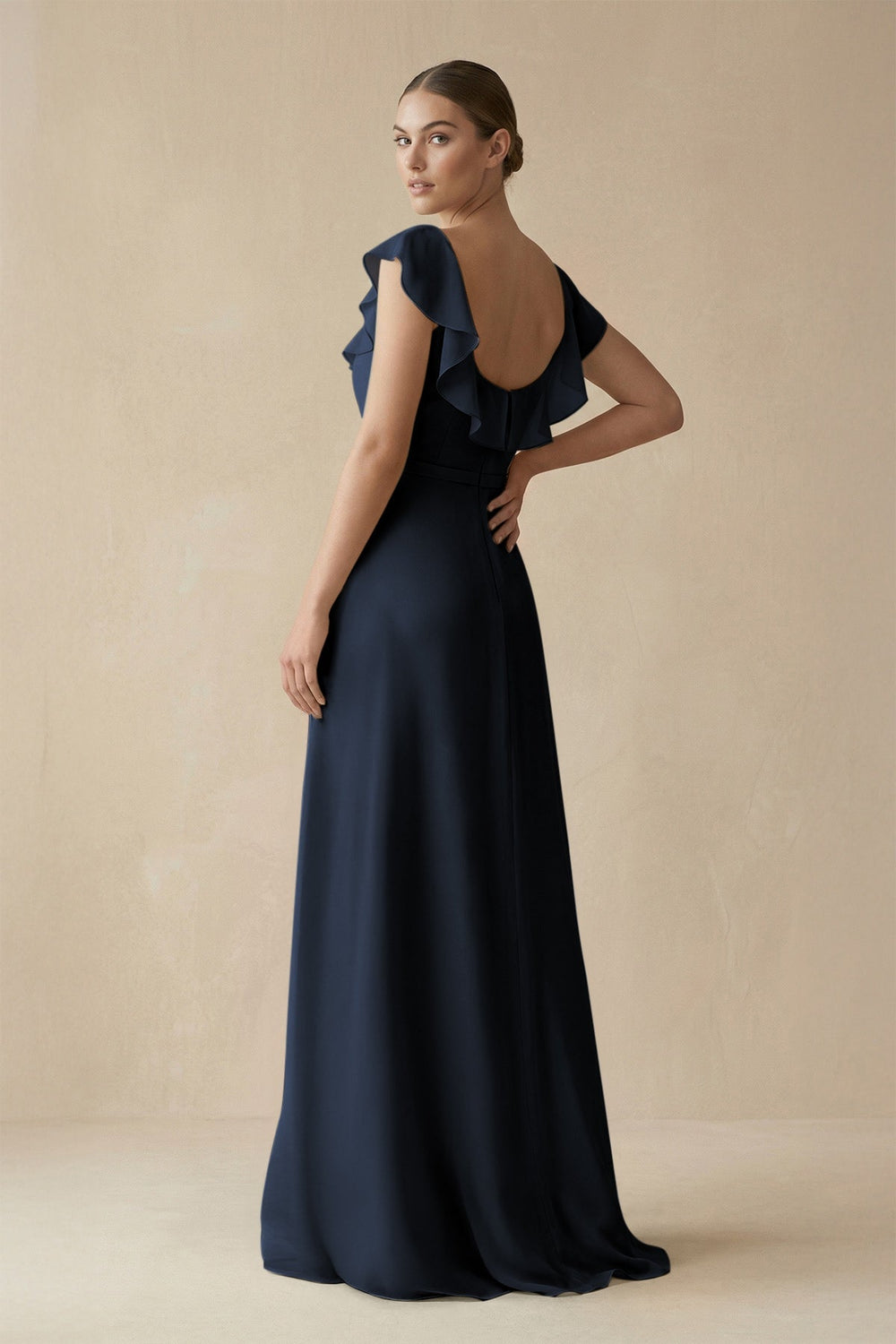 Square Neck A - Line Bridesmaid Dress with Ruffles in Dark Navy - SHE IS ME Bridesmaid Dresses