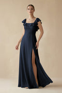 Square Neck A - Line Bridesmaid Dress with Ruffles in Dark Navy - SHE IS ME Bridesmaid Dresses