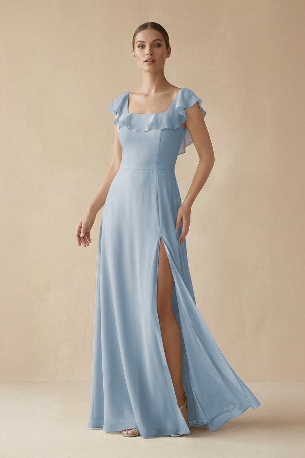 Square Neck A - Line Bridesmaid Dress with Ruffles in Dusty Blue - SHE IS ME Bridesmaid Dresses