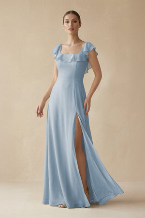 Square Neck A - Line Bridesmaid Dress with Ruffles in Dusty Blue - SHE IS ME Bridesmaid Dresses