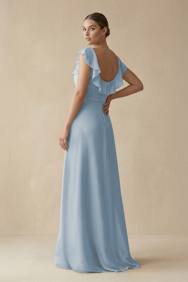 Square Neck A - Line Bridesmaid Dress with Ruffles in Dusty Blue - SHE IS ME Bridesmaid Dresses