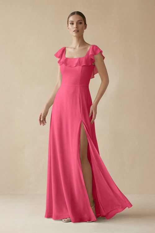 Square Neck A - Line Bridesmaid Dress with Ruffles in Fuchsia - SHE IS ME Bridesmaid Dresses