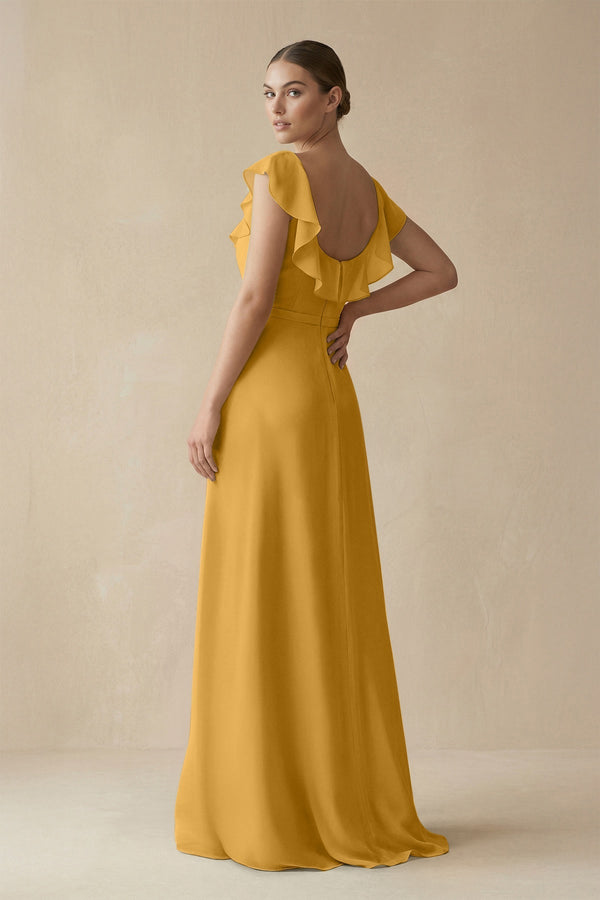Square Neck A - Line Bridesmaid Dress with Ruffles in Marigold - SHE IS ME Bridesmaid Dresses