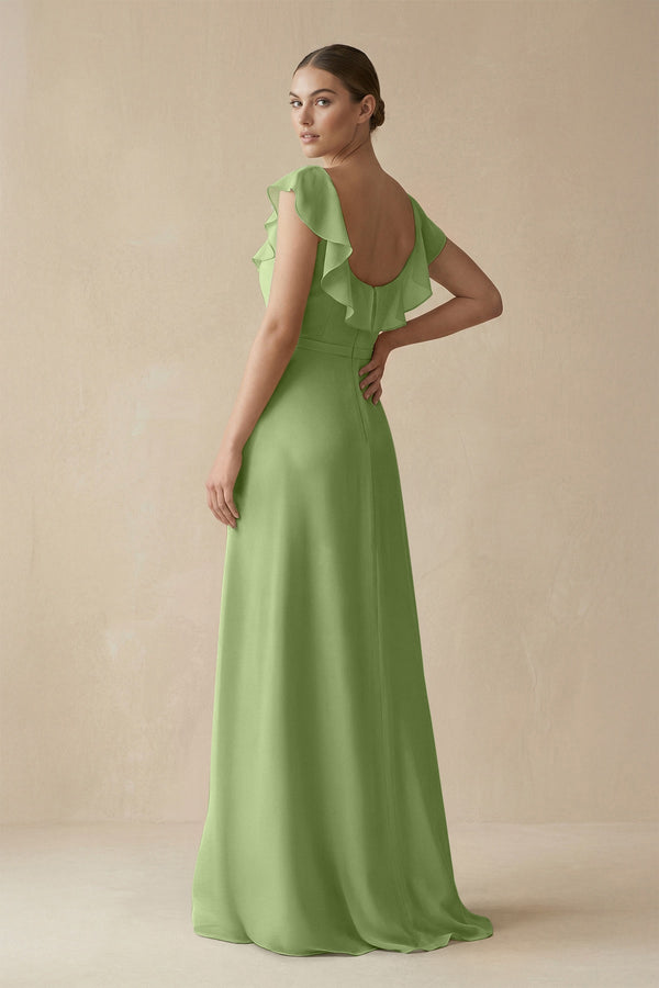 Square Neck A - Line Bridesmaid Dress with Ruffles in Matcha - SHE IS ME Bridesmaid Dresses