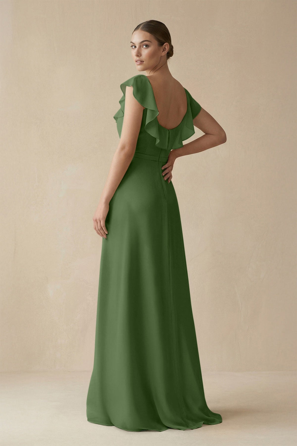 Square Neck A - Line Bridesmaid Dress with Ruffles in Moss - SHE IS ME Bridesmaid Dresses