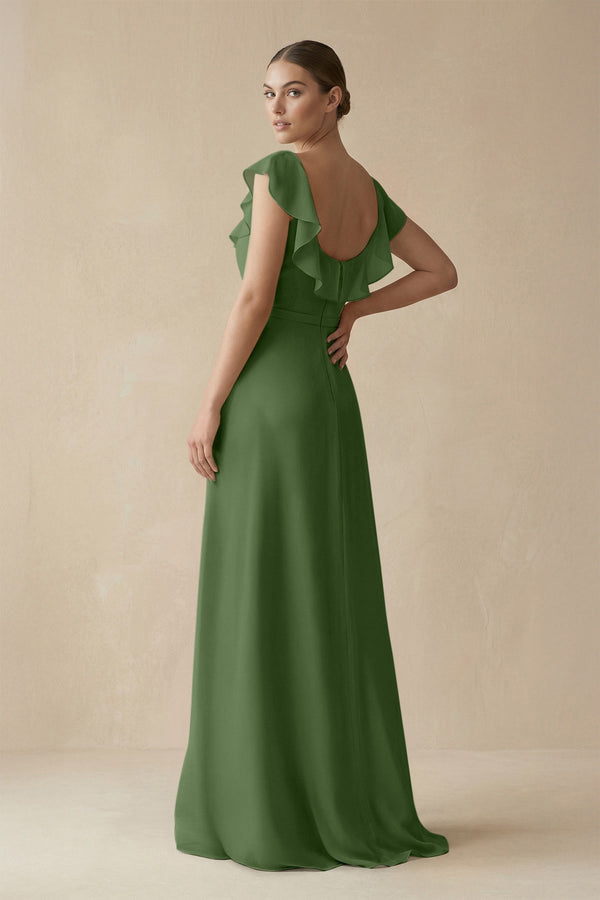Square Neck A - Line Bridesmaid Dress with Ruffles in Moss - SHE IS ME Bridesmaid Dresses