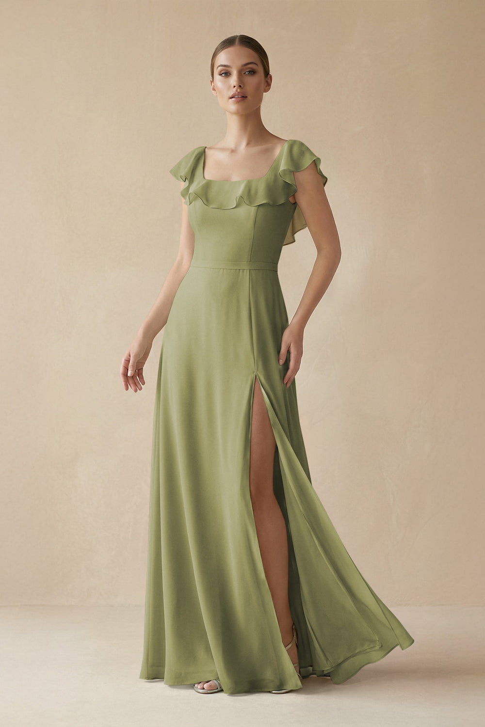 Square Neck A - Line Bridesmaid Dress with Ruffles in Moss Green - SHE IS ME Bridesmaid Dresses