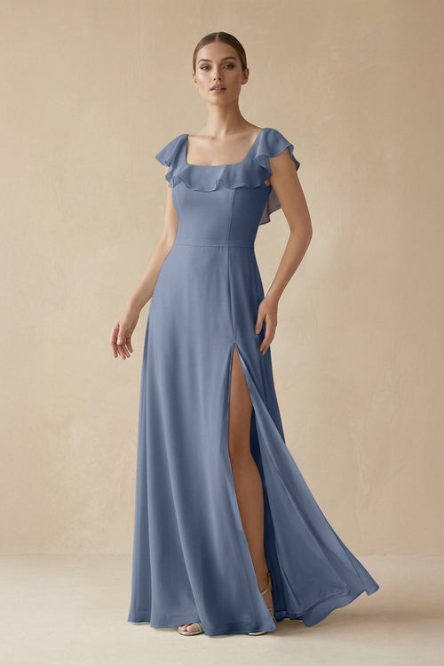 Square Neck A - Line Bridesmaid Dress with Ruffles in Neptune - SHE IS ME Bridesmaid Dresses