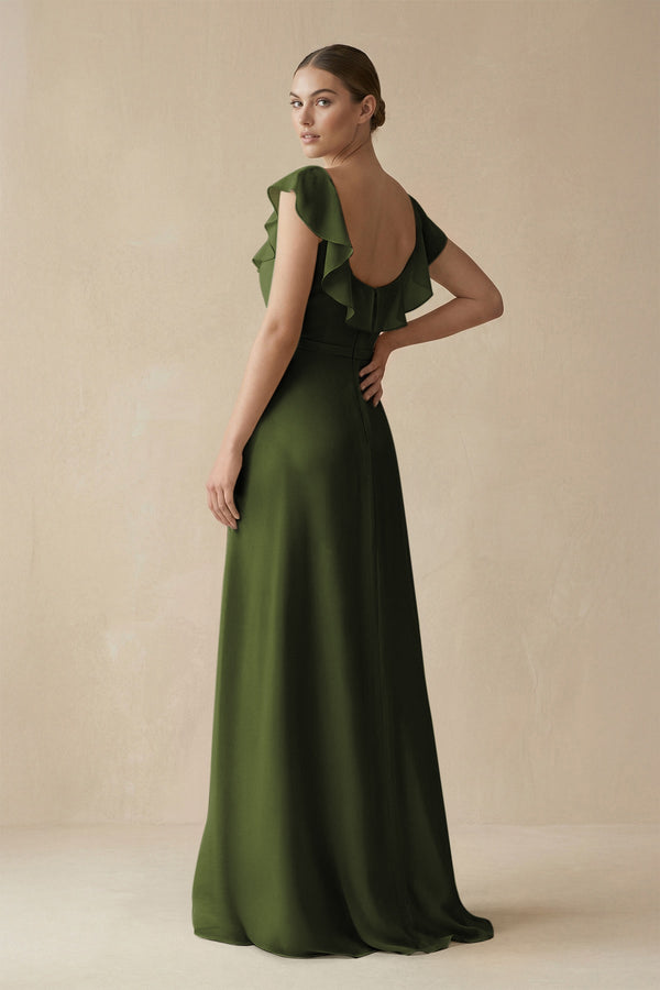 Square Neck A - Line Bridesmaid Dress with Ruffles in Olive - SHE IS ME Bridesmaid Dresses