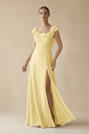 Square Neck A - Line Bridesmaid Dress with Ruffles in Pastel Yellow - SHE IS ME Bridesmaid Dresses