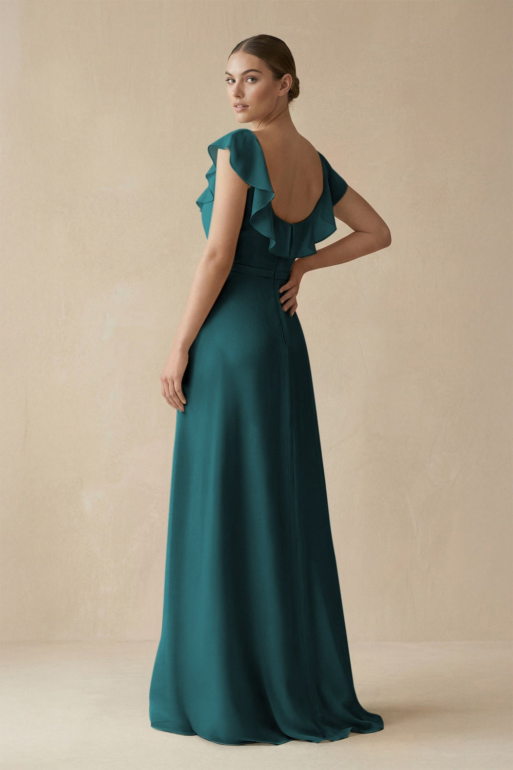 Square Neck A - Line Bridesmaid Dress with Ruffles in Pine - SHE IS ME Bridesmaid Dresses