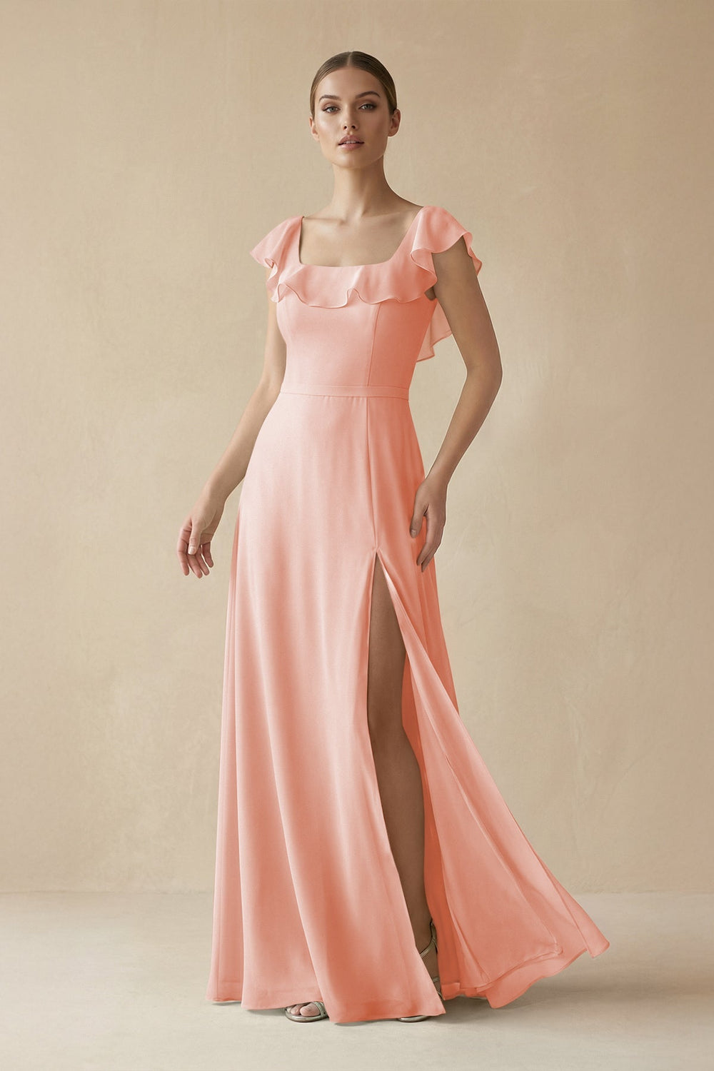 Square Neck A - Line Bridesmaid Dress with Ruffles in Rose Petal - SHE IS ME Bridesmaid Dresses