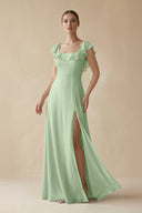 Square Neck A - Line Bridesmaid Dress with Ruffles in Sage - SHE IS ME Bridesmaid Dresses