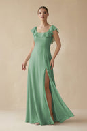 Square Neck A - Line Bridesmaid Dress with Ruffles in Sea Glass - SHE IS ME Bridesmaid Dresses