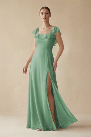 Square Neck A - Line Bridesmaid Dress with Ruffles in Sea Glass - SHE IS ME Bridesmaid Dresses
