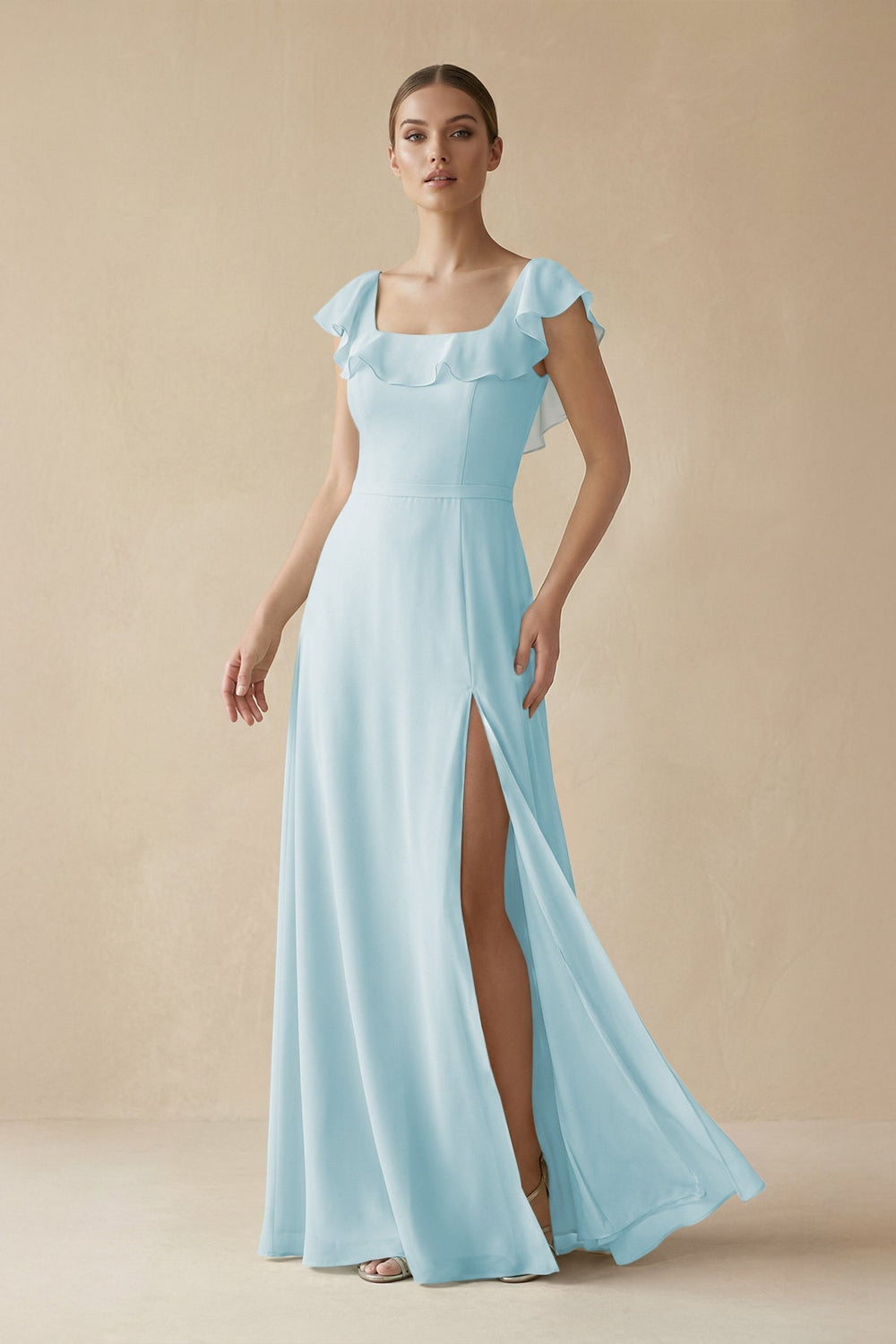 Square Neck A - Line Bridesmaid Dress with Ruffles in Sky Blue - SHE IS ME Bridesmaid Dresses