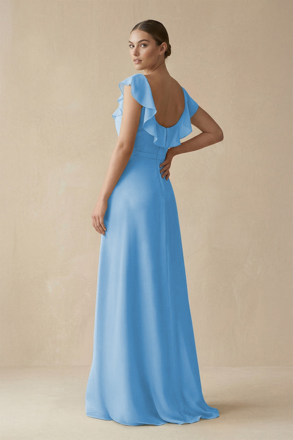 Square Neck A - Line Bridesmaid Dress with Ruffles in Steel Blue - SHE IS ME Bridesmaid Dresses