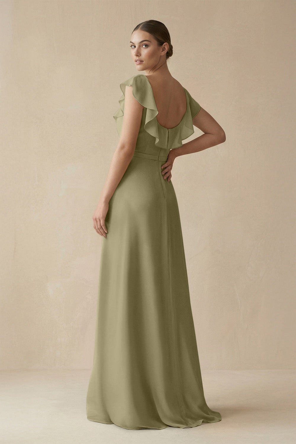 Square Neck A - Line Bridesmaid Dress with Ruffles in Thyme - SHE IS ME Bridesmaid Dresses