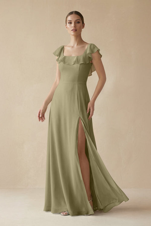 Square Neck A - Line Bridesmaid Dress with Ruffles in Thyme - SHE IS ME Bridesmaid Dresses