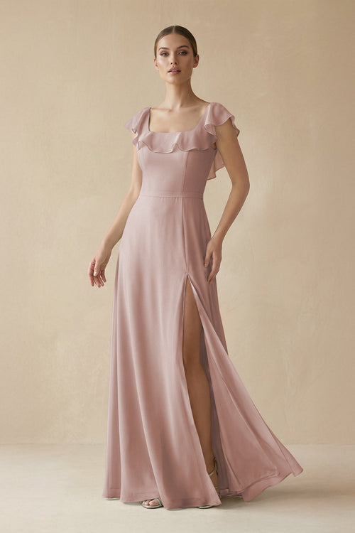 Square Neck A - Line Bridesmaid Dress with Ruffles in Toffee - SHE IS ME Bridesmaid Dresses