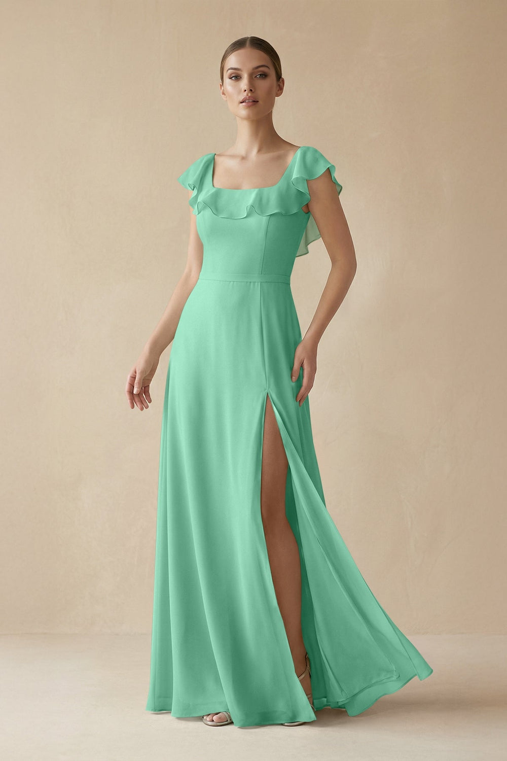 Square Neck A - Line Bridesmaid Dress with Ruffles in Turquoise - SHE IS ME Bridesmaid Dresses
