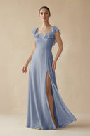 Square Neck A - Line Bridesmaid Dress with Ruffles in Twilight - SHE IS ME Bridesmaid Dresses