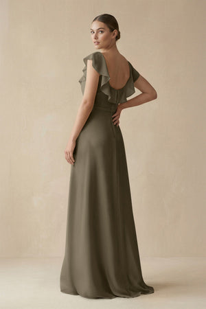 Square Neck A - Line Bridesmaid Dress with Ruffles in Willow Green - SHE IS ME Bridesmaid Dresses