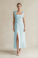 Square Neck A - Line Chiffon Midi Bridesmaid Dress with Bow in Sky Blue - SHE IS ME Bridesmaid Dresses
