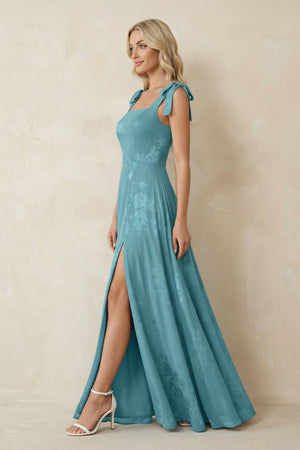 Square Neck A - Line Floral Printed Chiffon Bridesmaid Dress in Adriatic Blue - SHE IS ME Bridesmaid Dresses