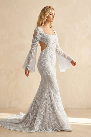 Square Neck Lace Mermaid Wedding Dress with Bell Sleeves - SHE IS ME Wedding Dresses
