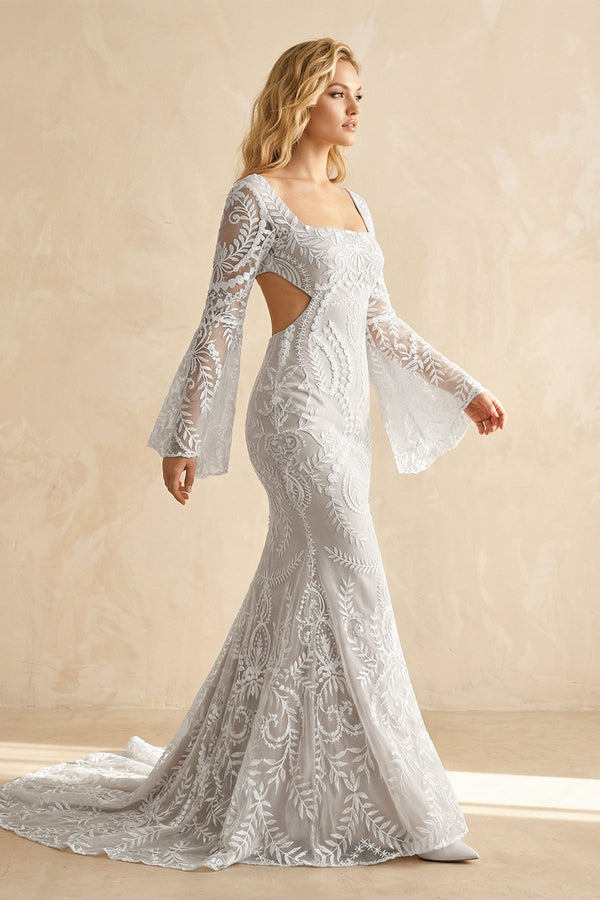 Square Neck Lace Mermaid Wedding Dress with Bell Sleeves - SHE IS ME Wedding Dresses