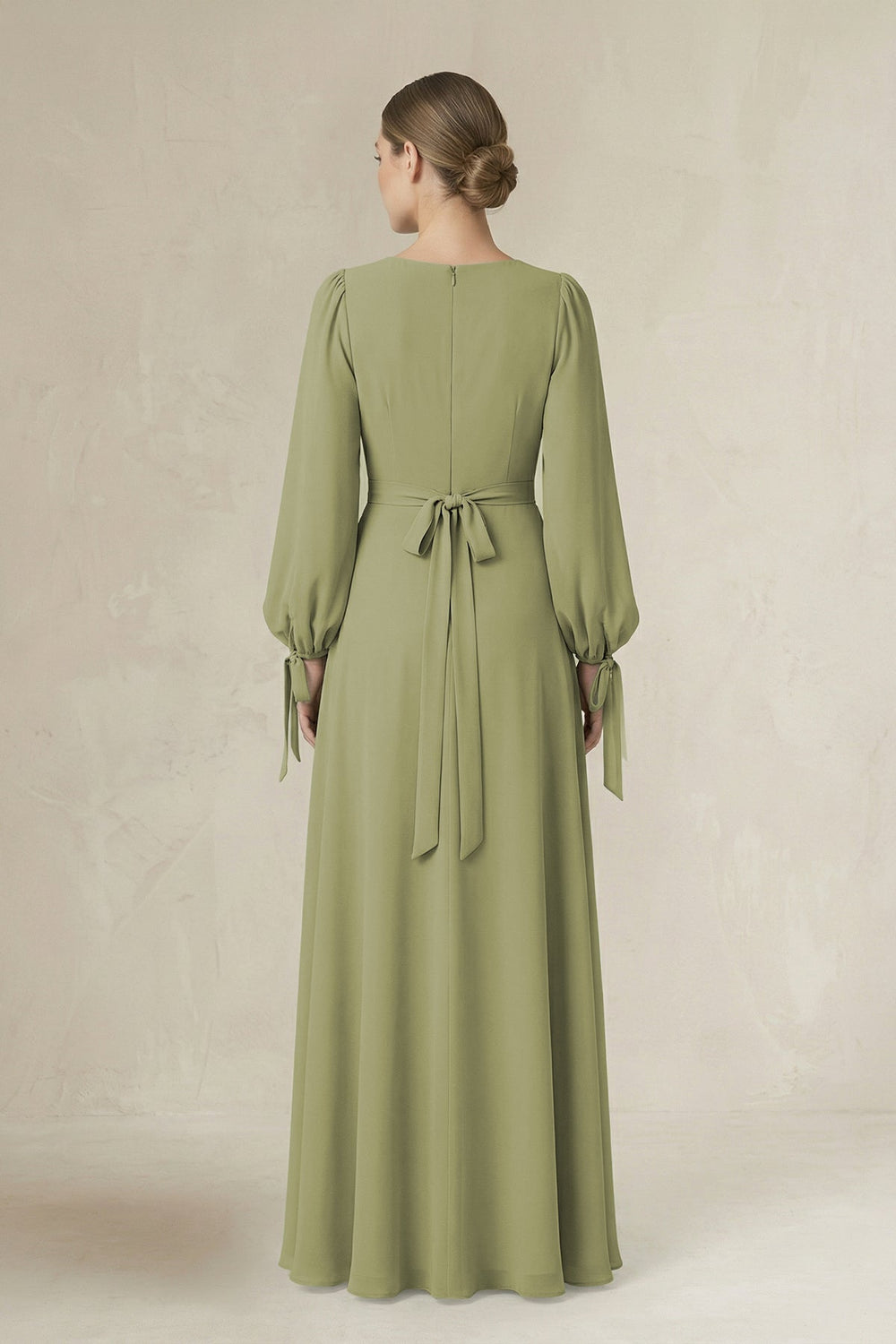 Square Neck Long Sleeve A-Line Chiffon Bridesmaid Dress in Moss Green - SHE IS ME BRIDESMAID DRESSES