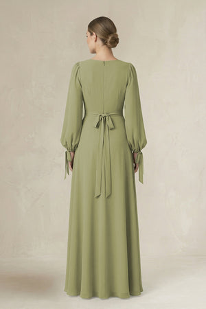 Square Neck Long Sleeve A-Line Chiffon Bridesmaid Dress in Moss Green - SHE IS ME BRIDESMAID DRESSES