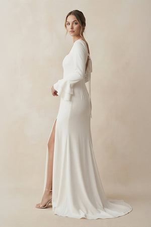 Square Neck Long Sleeve Wedding Dress with Slit in White - SHE IS ME Wedding Dresses