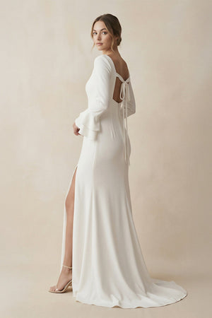 Square Neck Long Sleeve Wedding Dress with Slit in White - SHE IS ME Wedding Dresses