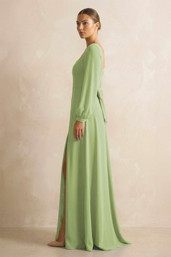 Square Neck Long Sleeves Chiffon Sheath Bridesmaid Dress in Matcha - SHE IS ME Bridesmaid Dresses