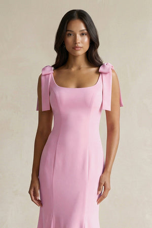 Square Neck Mermaid Bridesmaid Dress With Bow in Pink - SHE IS ME Bridesmaid Dresses