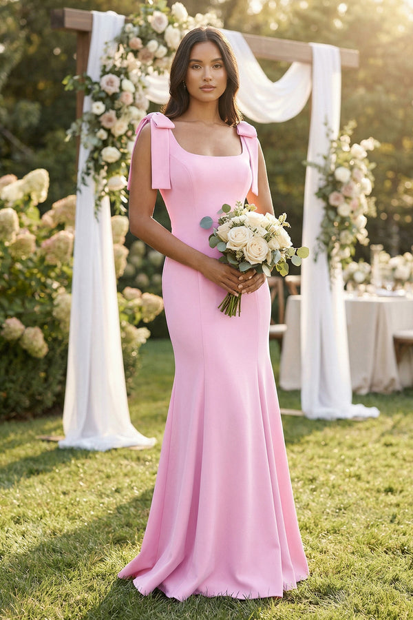 Square Neck Mermaid Bridesmaid Dress With Bow in Pink - SHE IS ME Bridesmaid Dresses