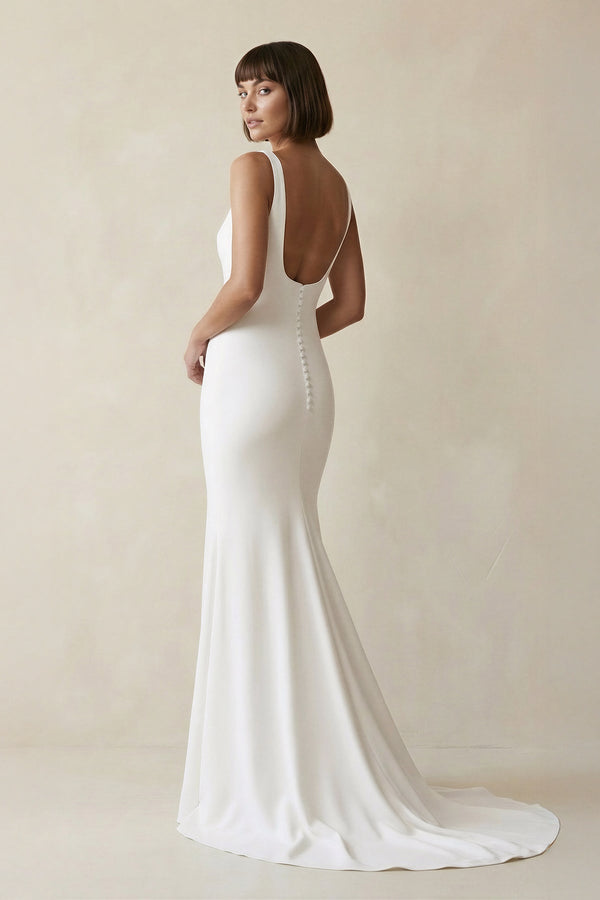 Square Neck Mermaid Satin Wedding Dress in White - SHE IS ME Wedding Dresses